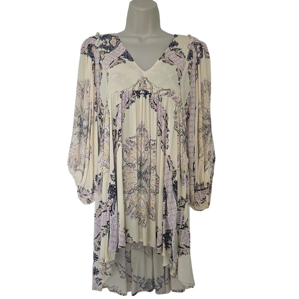 Free People Girl Talk Boho Tunic Top Size XS Ruffle Long Sleeve Floral Paisley - Picture 2 of 9